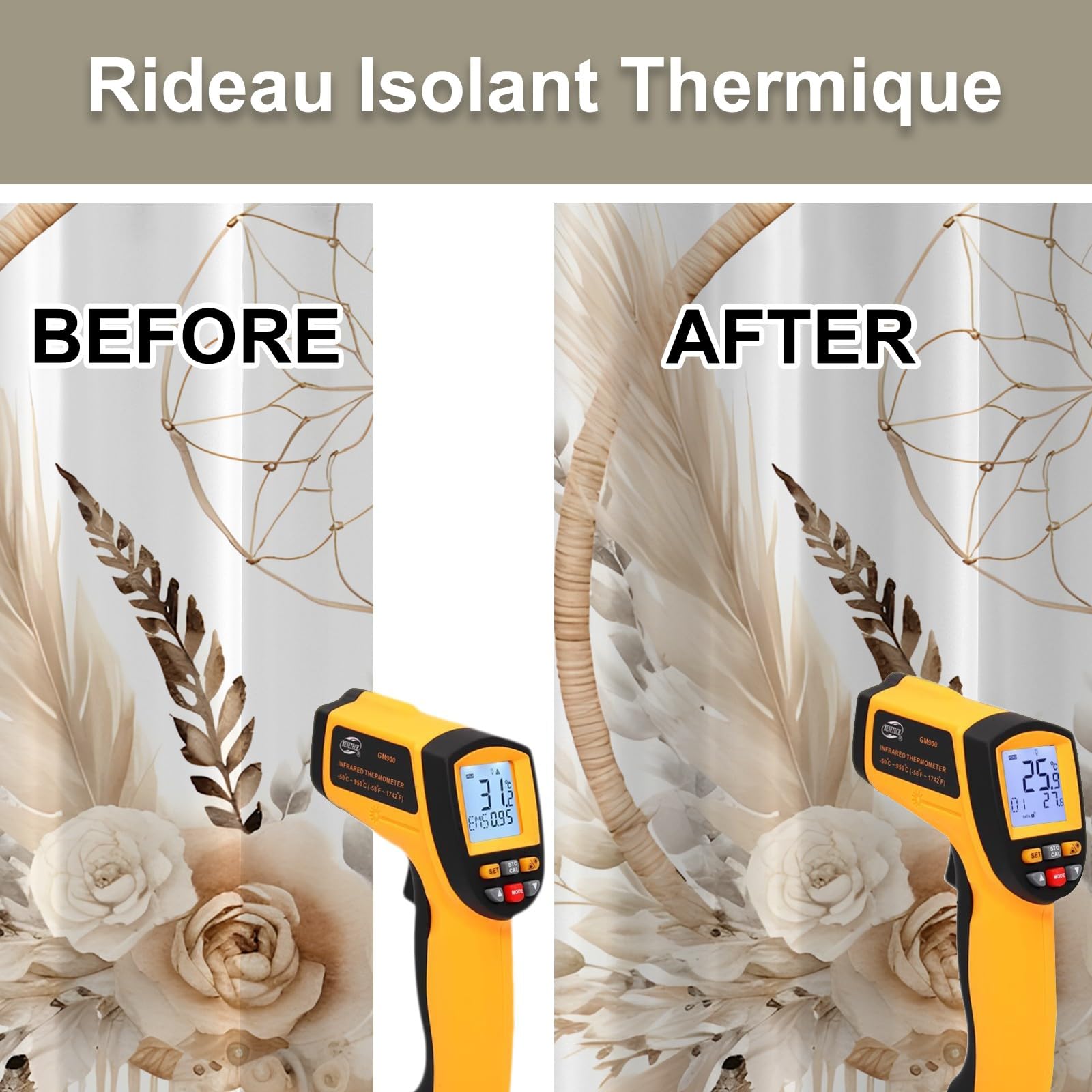 Rideau Occultant Motif Fleurs Brunes, Rideaux Blanc Marron 2 Pièces L 100 x H 240, Thermique Anti UV Tenture Opaque à Oeillets Bohême Decoration Chambre Maison Salon Intérieurs, A105
