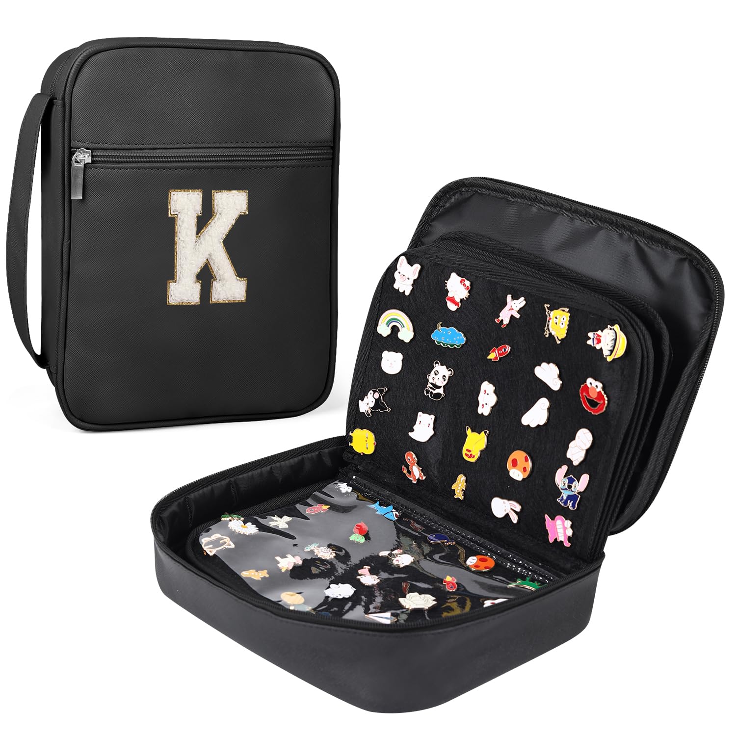 Fruobeyla Pin Display Bag, Letter PU Pin Trading Book with 8 Pages, Waterproof Enamel Pins Holder Board, Suitable as Pin Collection Display Case, K