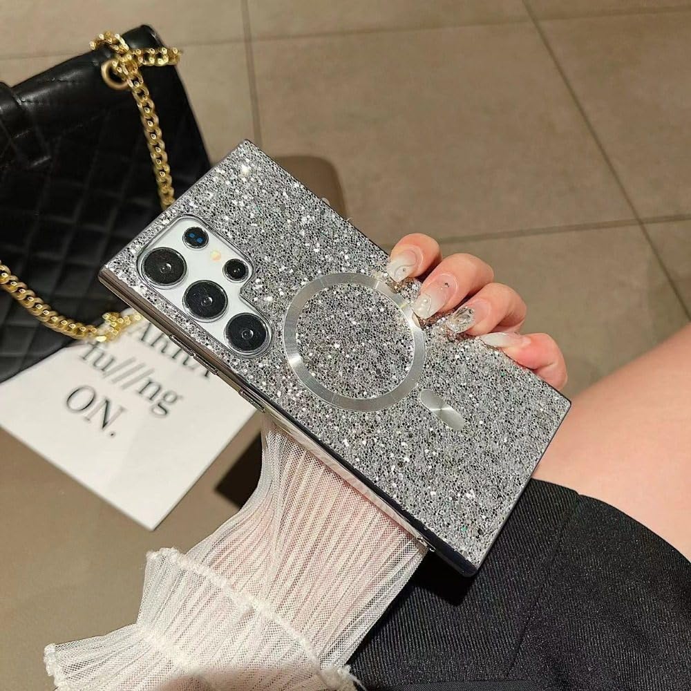 Coque antichoc S24 Ultra magnétique paillettes argent finie la casse