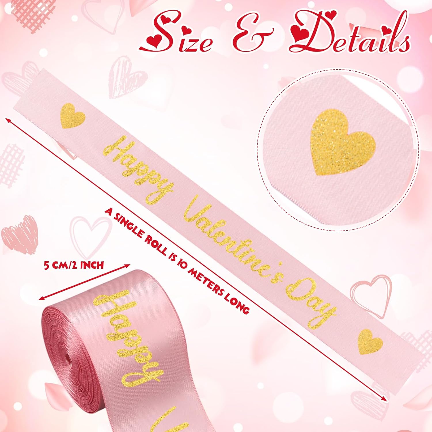 Zeyune 10 Yards Happy Valentine's Day Ribbon Glitter Pink Gold Heart Ribbon Craft for Hair Bow Wreath Crafts Gift Wrapping Flower Bouquet Anniversary Wedding Decor Birthday Party Supply(2 Inch)