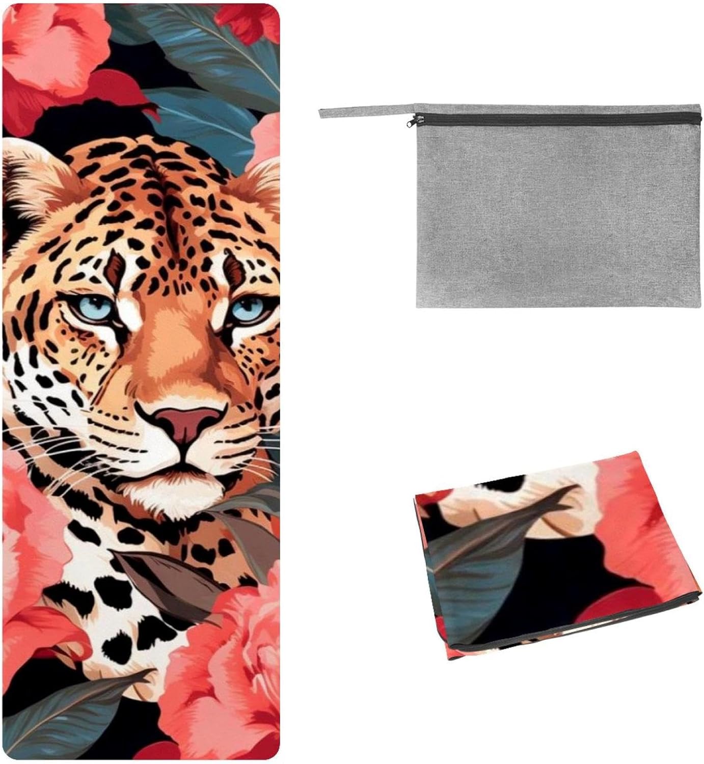 Yoga Towel, Leopard Rose Flower Non Slip Sweat Absorbent Hot Yoga Mat Towel for Hot Yoga, Pilates and Fitness - 72.8" x 26.8"