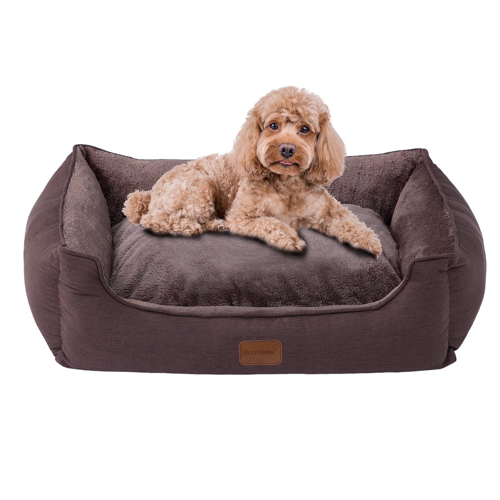 OUPEIWAWA Orthopaedic Dog Bed for Small and Medium Dogs, 62 x 50 x 17 cm, Super Soft and Cosy, Dog Basket with High Edge, Removable & Washable Cover, Non-Slip, Dark Brown, Indoor/Car