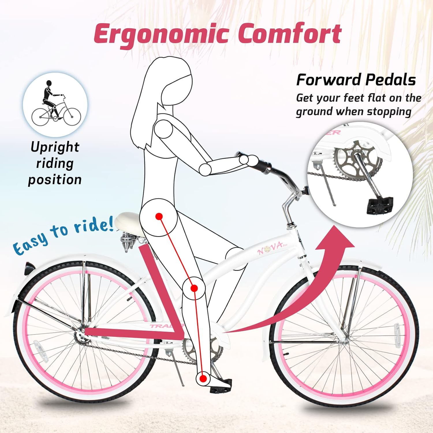 Tracer Nova Beach Cruiser Bike for Women,26 Inch Wheels,Hi Ten Steel Frame,1 Speed,Coaster Brake,Hybrid Bike for Adults,Complete Cruiser Bikes,White