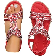 HOOUDO Women's Sandals & Slides Wide Fit Bohemian Wedge Sandal Lightweight Summer Elastic Ankle Strap Beading Walking Shoes Comfortable Open Toe Slingback Orthopedic Sandals