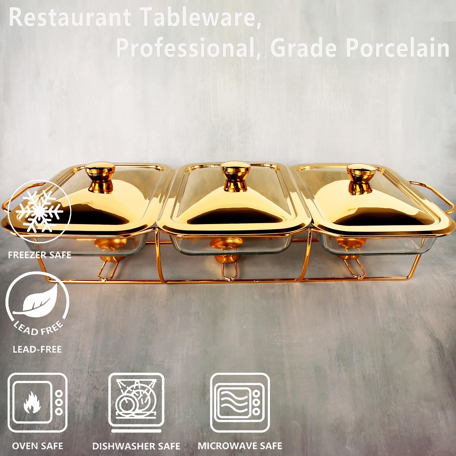 Casserole Dish Set Rectangle 3-in-1 Glass Baking Dish, with Stainless steel Lid and Gold rack, 1.3 Qt x 3 pcs Baking Pan For Casserole & Lasagna, Dishwasher Oven Freezer Microwave Safe