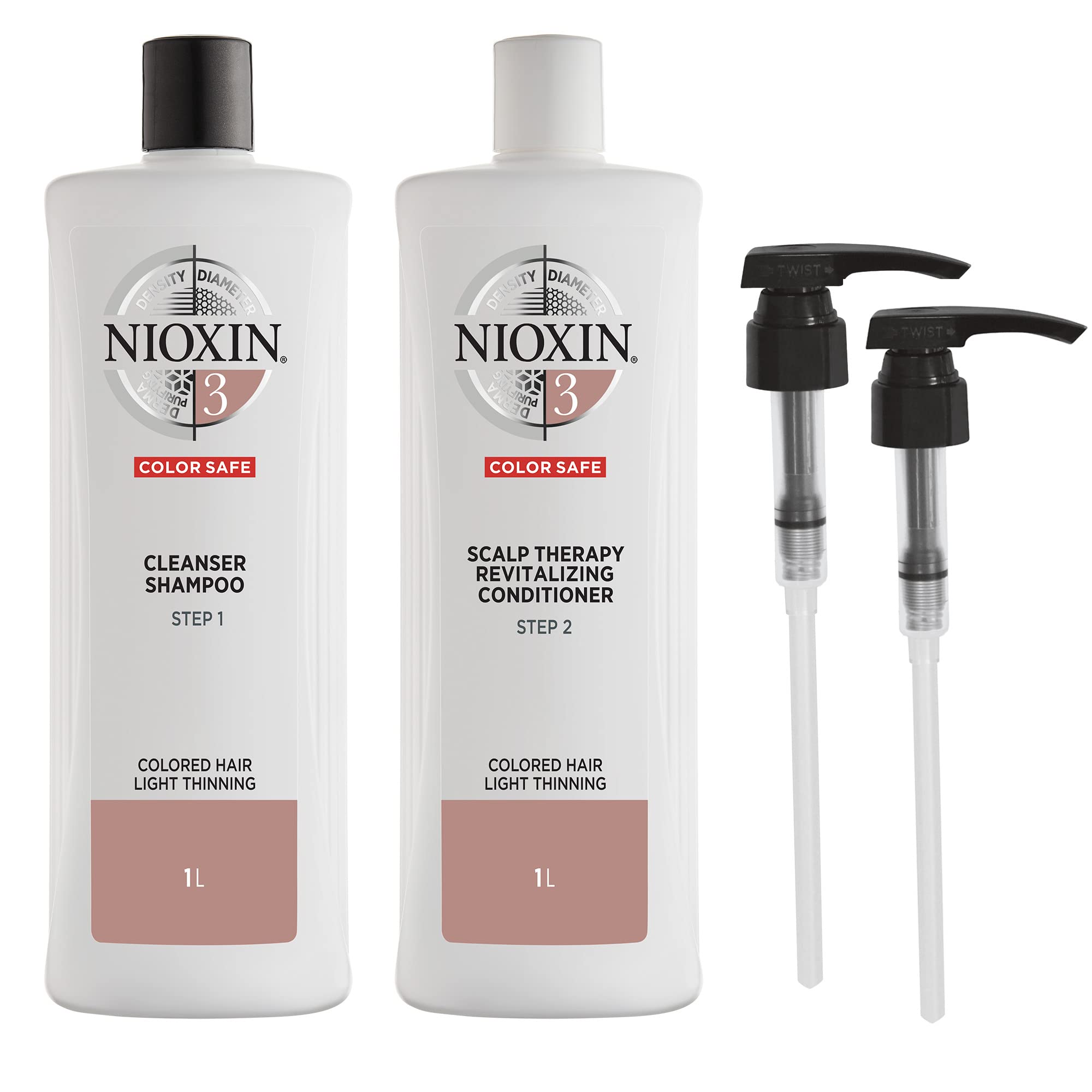 NioxinSystem 3 Shampoo & Conditioner Prepack, Color Treated Hair with Light Thinning, Pumps Included, 33.8 fl oz