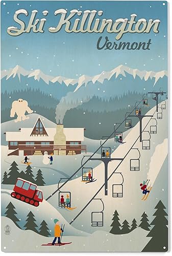 Lantern Press Letrero de madera de 10 x 15 pulgadas, listo para colgar, decoración de pared, Killington, Vermont, estación de esquí retro