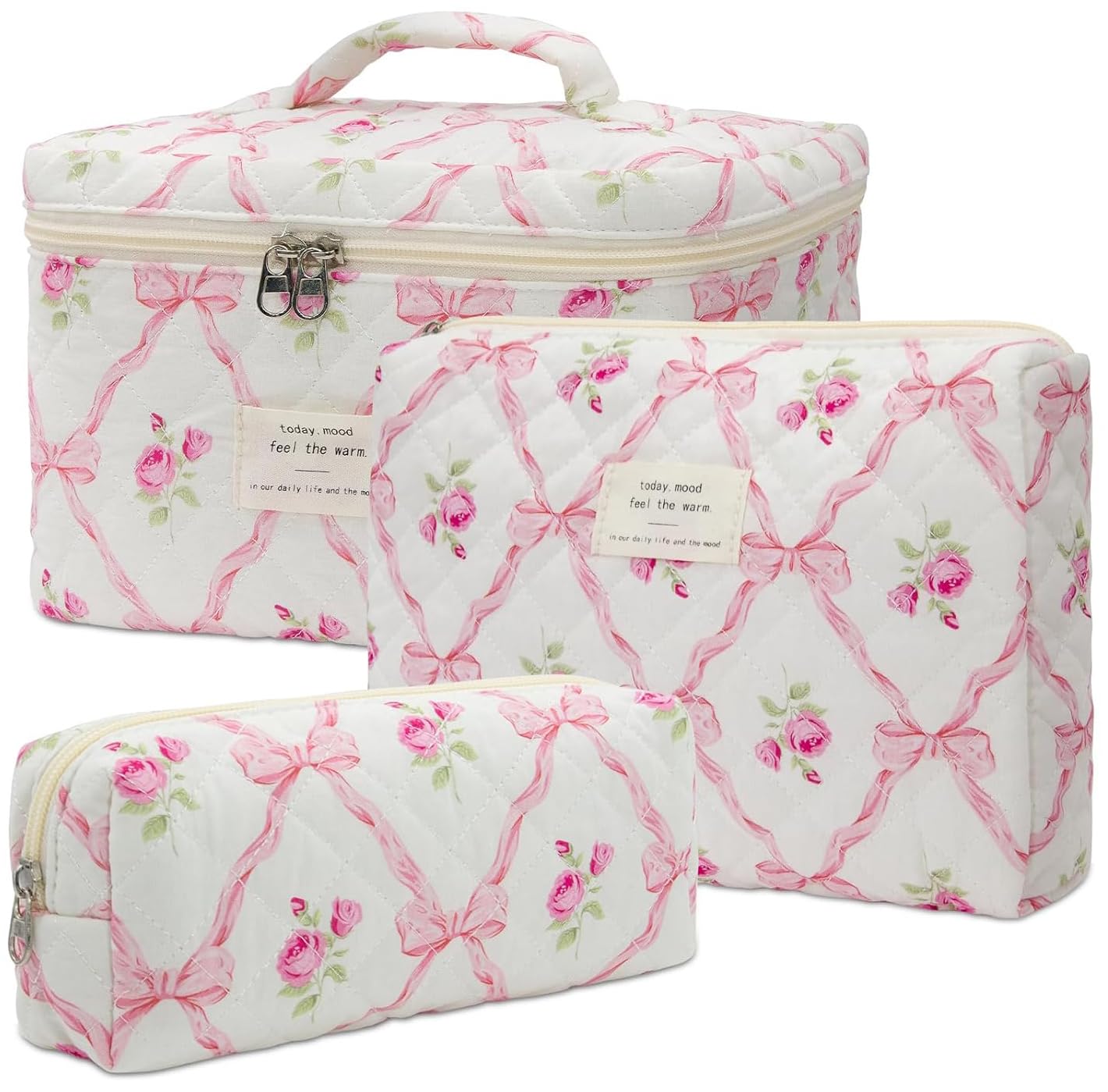 Lyrovo Makeup Organizer Cosmetic Bag Quilted Large Floral Make Up Organize Set for Women Flower Travel Toiletry Bag (Pink-Bow)-image-20