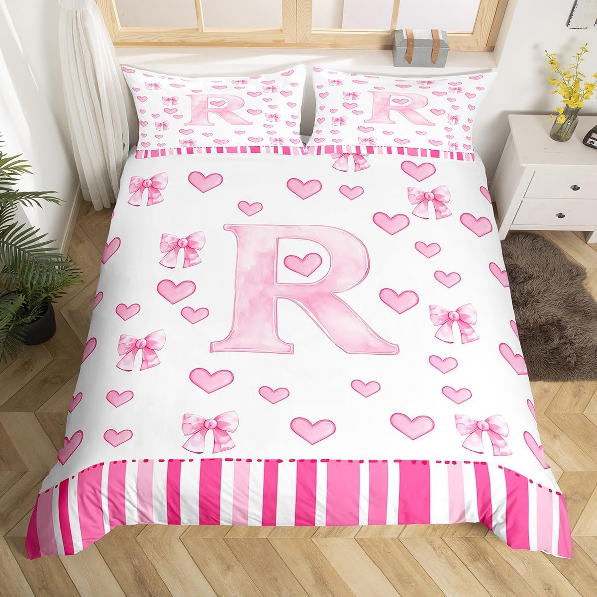 Castle Fairy Pink Bow Duvet Cover Toddler Size,Girly Personalized Initial A Bedding Set 2 Pcs for Boys Girls,Princess Style Bowknot Love Hearts Comforter Cover(No Filler),Kids Quilt Cover