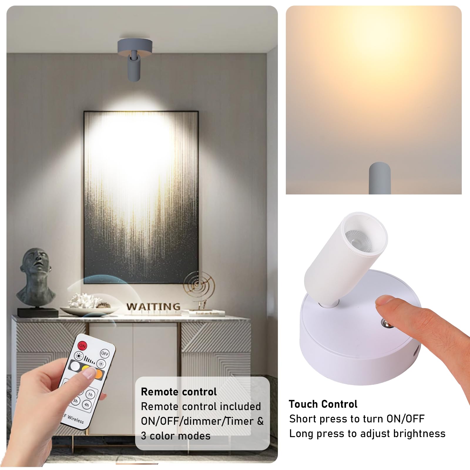 LED Wireless Spotlights with Remote Up Lights Indoor Dimmable Picture Light Battery Operated with Timer, Rechargeable Spot Lights Accent Uplighting for Plant Wall Art Dartboard