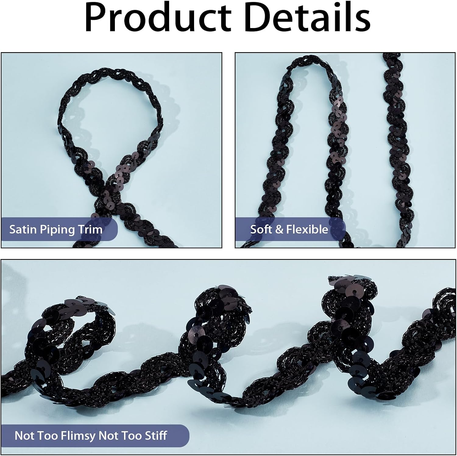 Sequin Ribbon, Wave Sequin Braid Trim, 10 Yards x 0.59", Black | Sequin Zig Zag Bending Ribbon, Paillette Gimp Braid Trim for Crafts Clothes Hats Dress Shoes Headband Home Party Decoration
