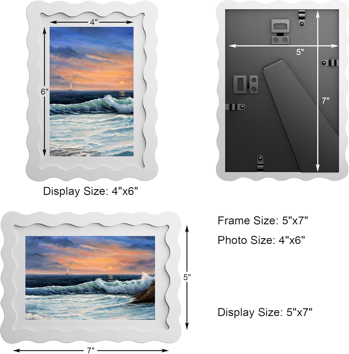 5x7 Wavy Picture Frame With Mat For 4x6, Wavy Edge Wooden Picture Frame with Real Glass - Wall Mount and Tabletop Display, White, 2 Pack
