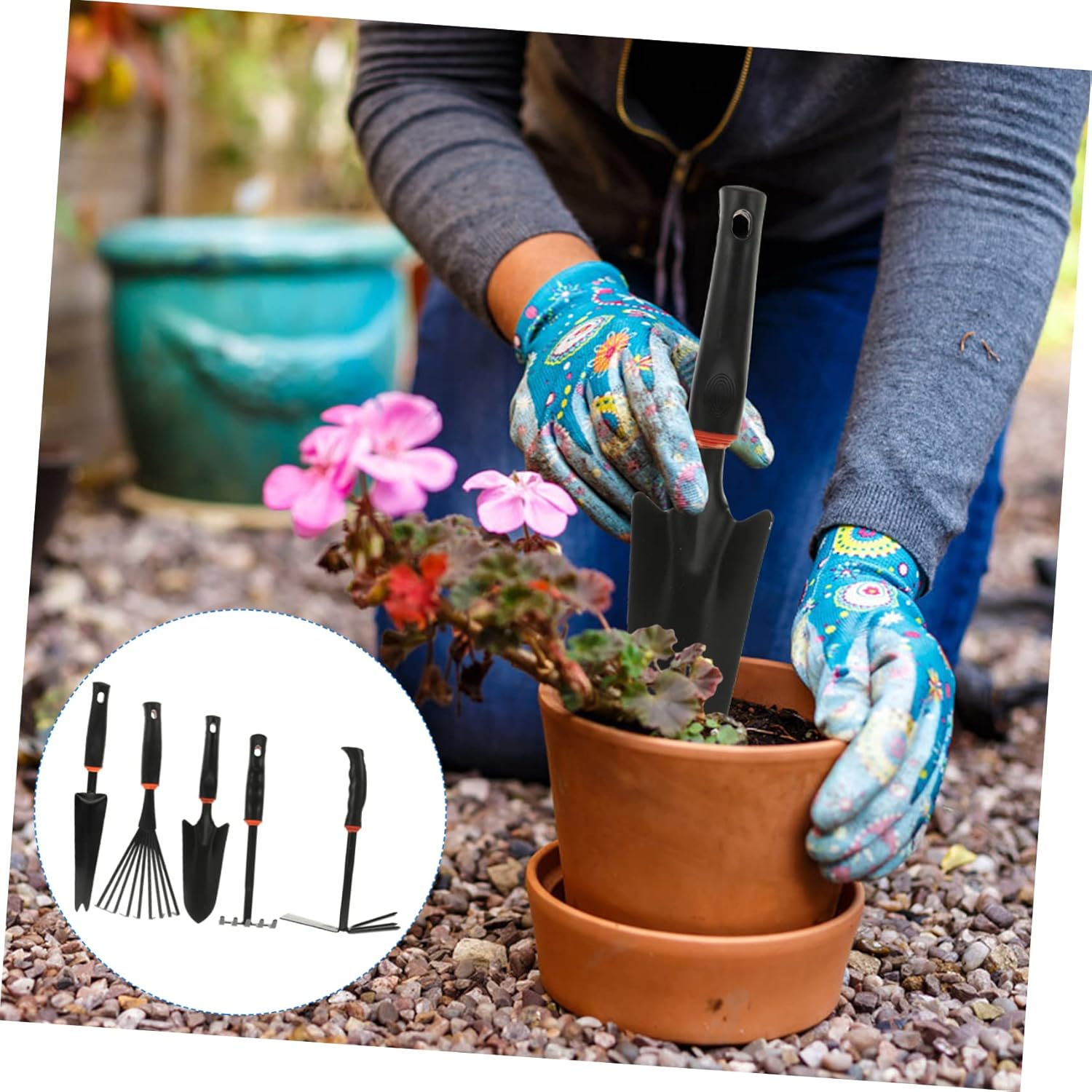 5pcs Durable Iron Gardening Tool Set with Comfortable Grip for Planting Digging and Weeding Includes Multi-Purpose Shovel Hoe Rake and Cultivator for Succulent and Flower Gardening