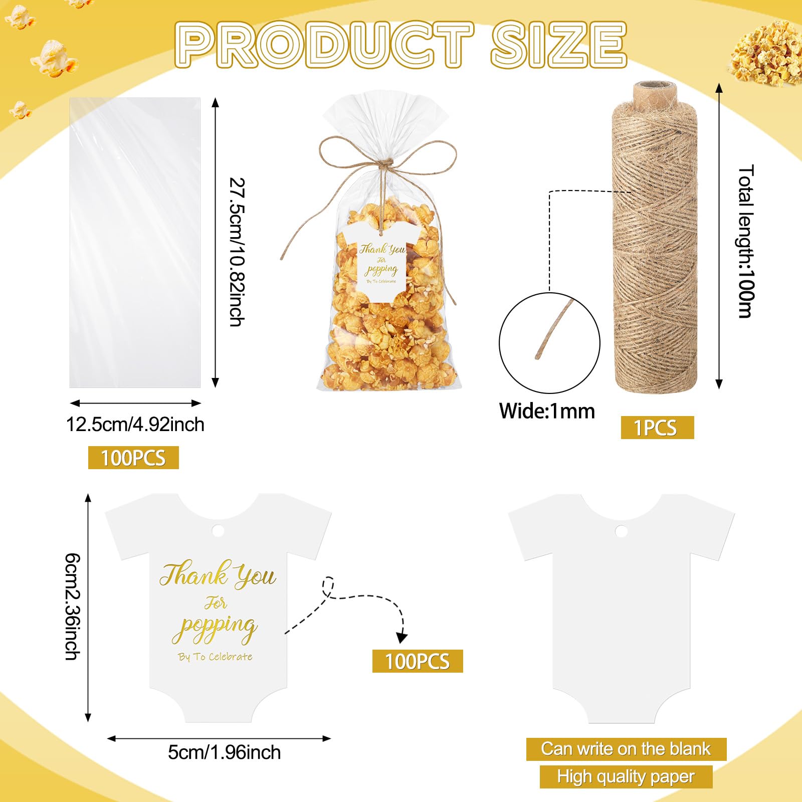 Motiskyy Zestaw 100 papierowych zawieszek z podziękowaniami na baby shower, 4 x 6 cm, dziękuję za przywieszki z jutowym sznurkiem na popcorn, torby na smakołyki na baby shower, przyjęcie urodzinowe