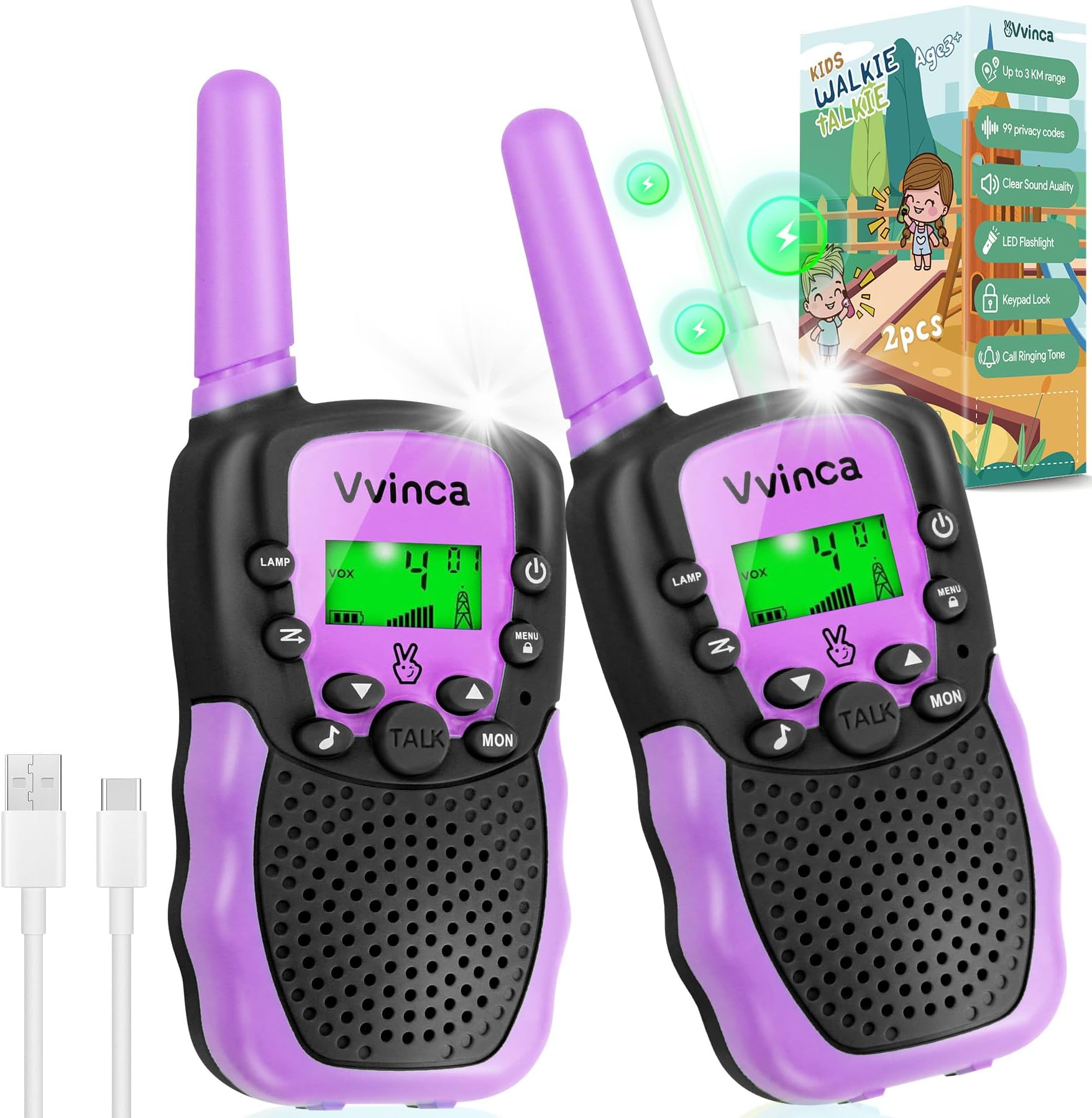Vvinca 2 Pack Kids Rechargeable Walkie Talkies for Kids Toys Age 3-12