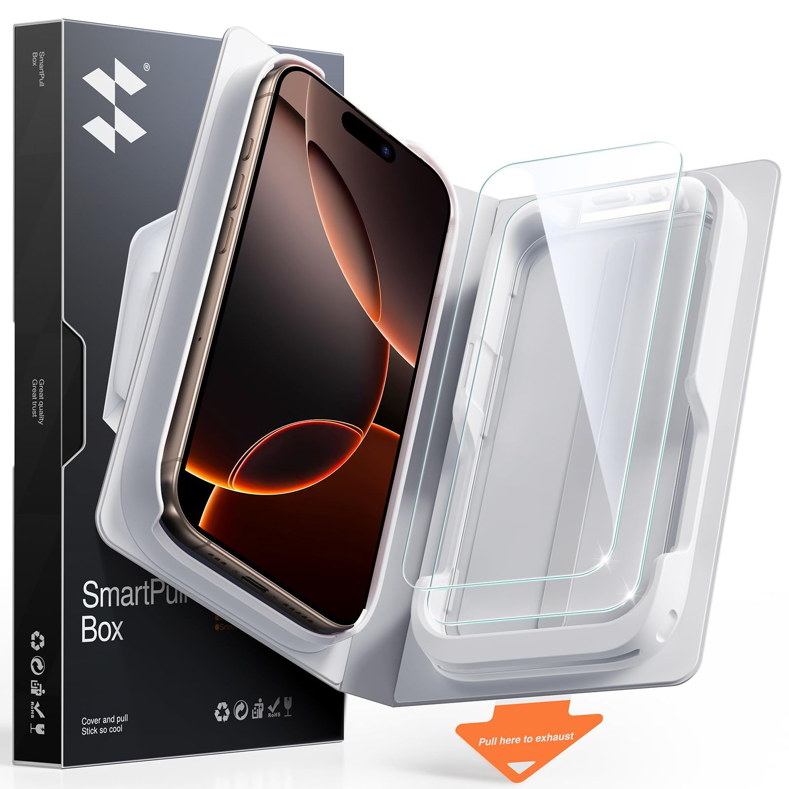 SMARTDEVIL 2 Pack CrystaShield Klarheit für iPhone 16 Pro Max Panzerglas | HD-Klarheit, 9H Panzerglas, Blasenfreie Installation, Bruchsicher, Face ID & Hüllenkompatibel, mit SmartPull Box