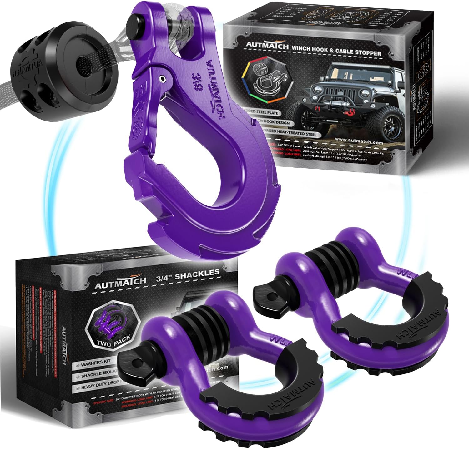 AUTMATCH 3/8" Winch Hook with Winch Cable Hook Stopper, 3/4" D Ring Shackles - Grade 70 Forged Steel Clevis Slip Hook Work for Winch Rope, ATV, UTV, Off Road Vehicle, Purple