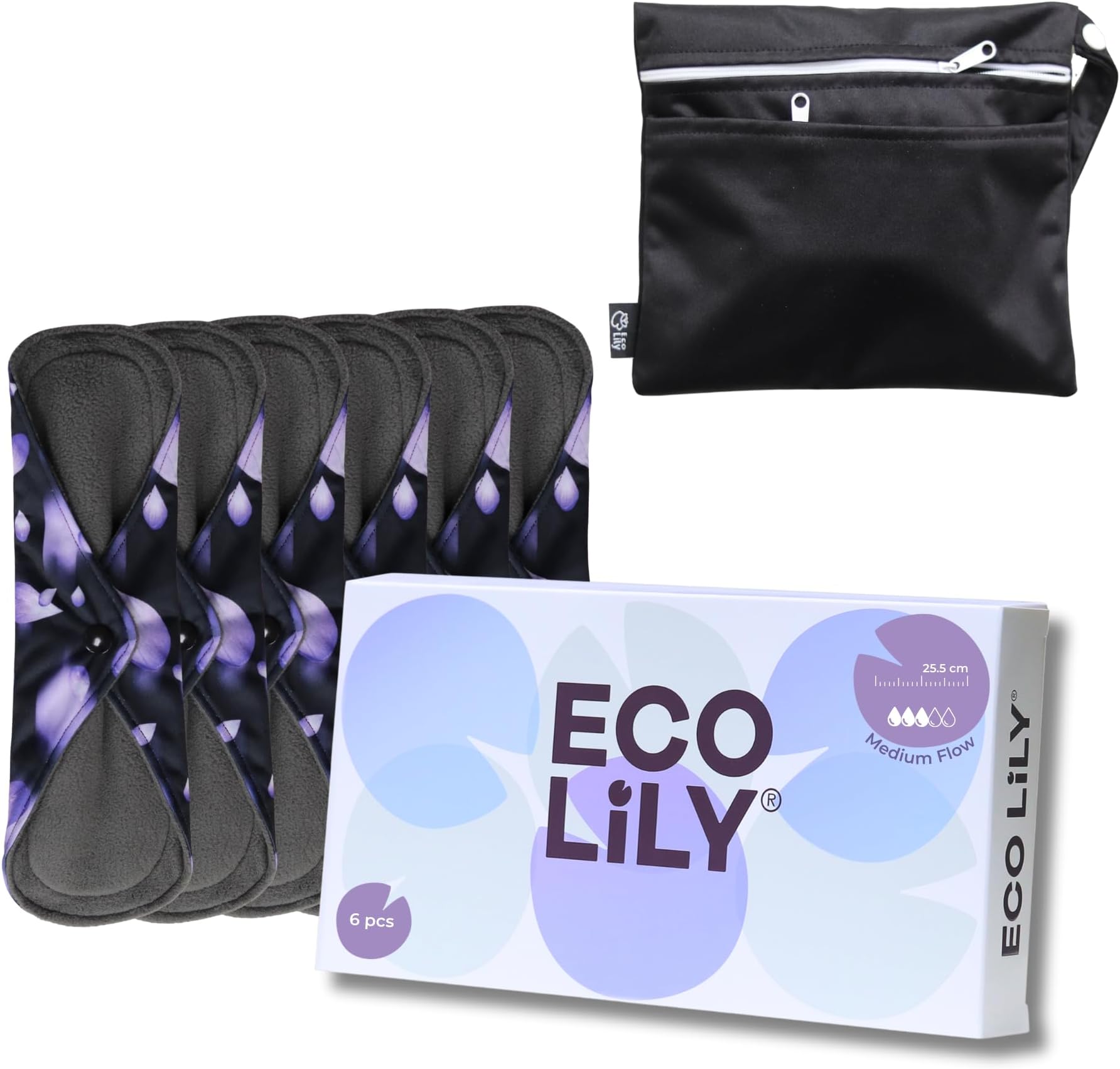 Reusable Sanitary Pads - Sanitary Towels - Period Pads (6Pk for Medium Flow) – Leakproof Odour-Absorbing Charcoal Bamboo Pads with Waterproof Wet Bag