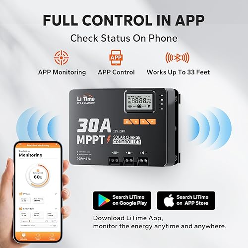 Miniatura 4 de LiTime 30 Amp MPPT 12V/24V/Auto CC de entrada controlador de carga solar, módulo Bluetooth incorporado, pantalla LCD con parámetros ajustables