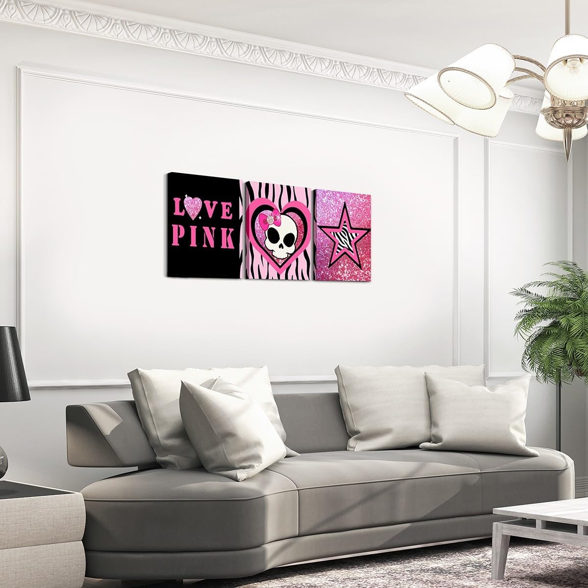 Feelyou Kids Pink Skull Canvas Wall Art for Living Room Bedroom Zebra Print Picture Wall Decor Boys Girls Cute Heart Pattern Wall Painting Y2K Bathroom Wall Art for Home Decor 12x16 inch 3 Piece