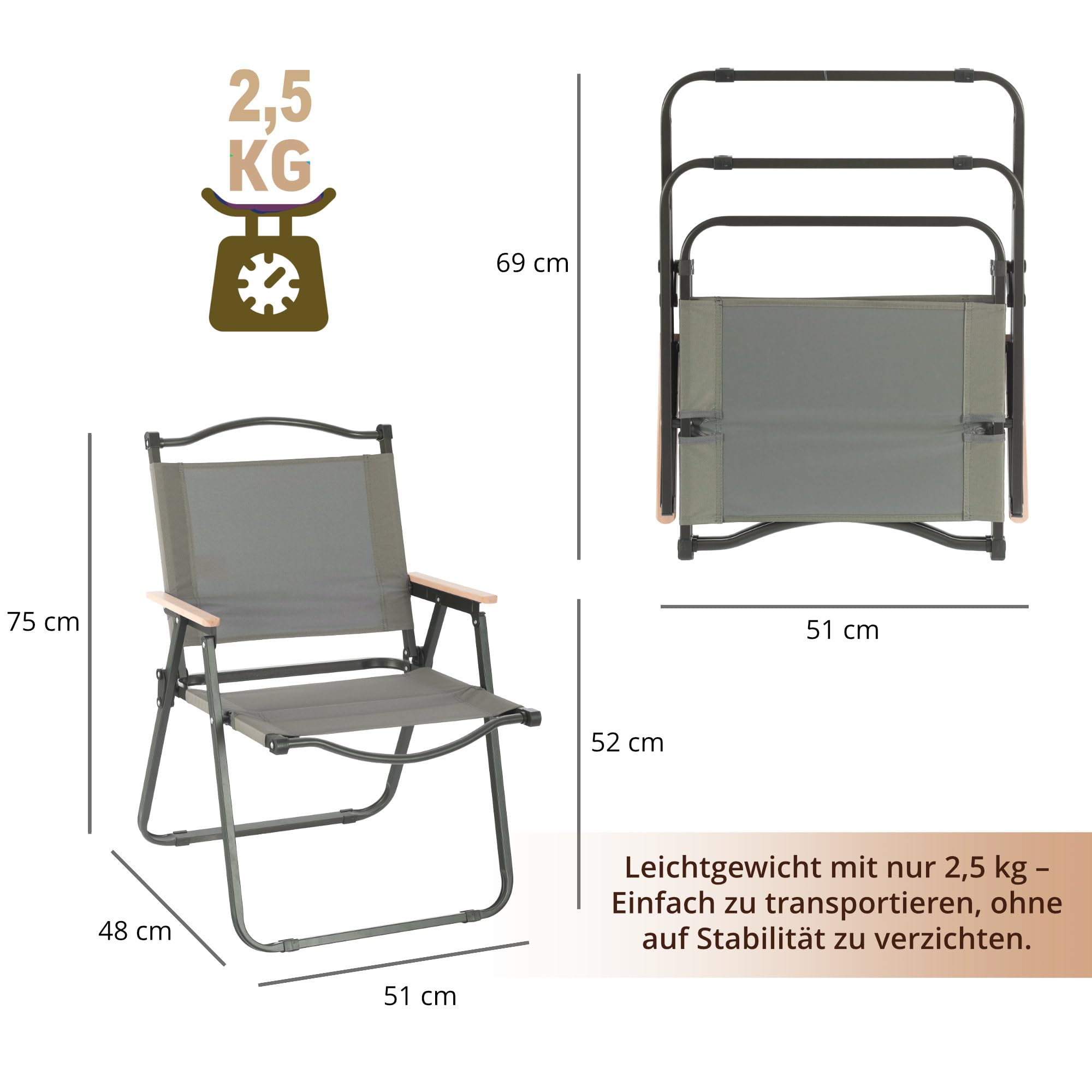 Stagecaptain Campingstuhl 2X Set faltbar leicht - Camping Klappstuhl für Garten, Balkon, Grillen - Als Angelstuhl geeignet - Festival Faltstuhl bis 120 kg - Holzarmlehnen - Campingsessel grau