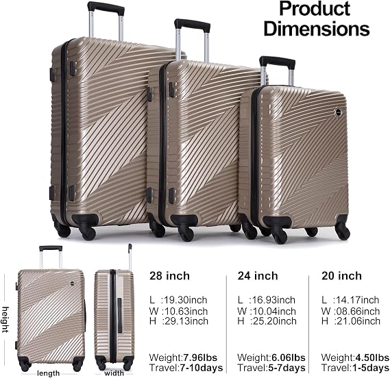 Travelhouse 5-piece Hardside luggage set with Spinner Wheel,TSA lock (Gold, 3-piece set)