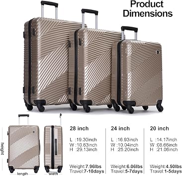Travelhouse 5-piece Hardside luggage set with Spinner Wheel,TSA lock (Gold, 3-piece set)