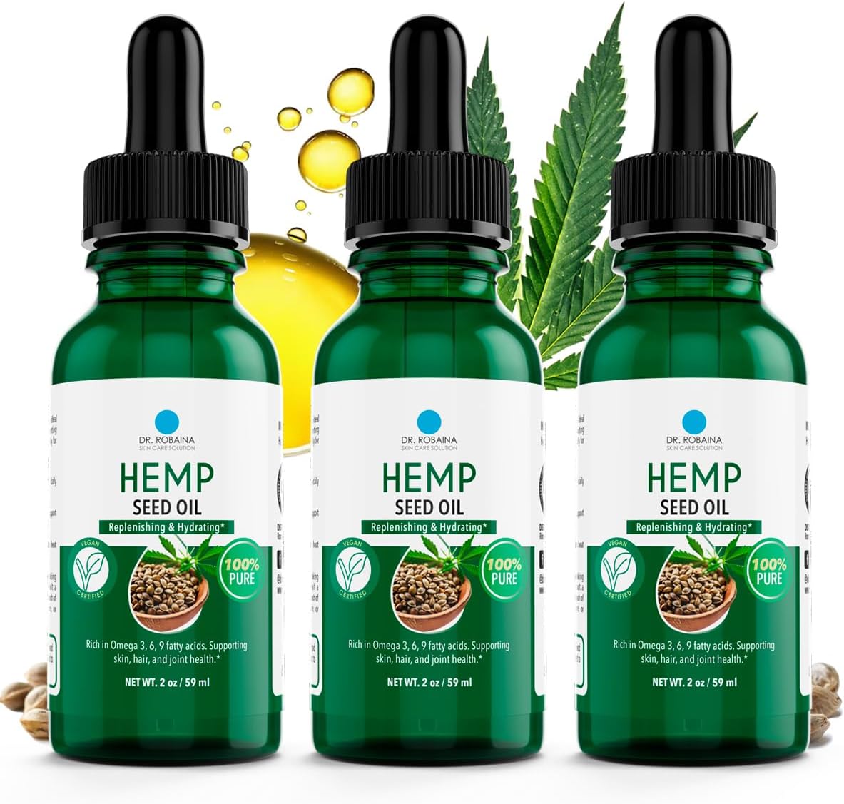 Dr. Robaina Hemp Seed Oil 2 oz – Cold Pressed for Skin & Massage – Deep Hydration, Omega 3 6 9 – Fast Absorbing, Non-Greasy – Made in USA – No Additives