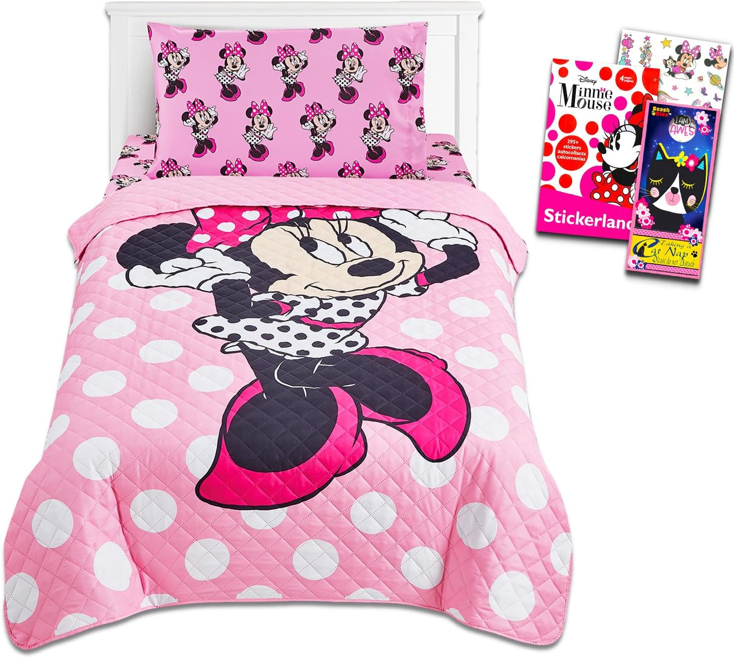Disney Minnie Mouse Twin Bedding Set – Bundle with Bedspread, Flat Sheet, Fitted Sheet, and Pillowcase, Stickers, More Bedroom Decor Set