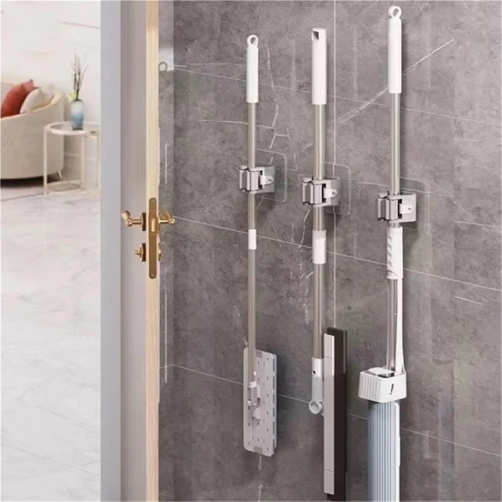 Soporte de pared para escobas, soporte autoadhesivo para fregona, soporte para escoba, soporte para fregona, soporte para fregona, organizador de almacenamiento para baño (50 unidades