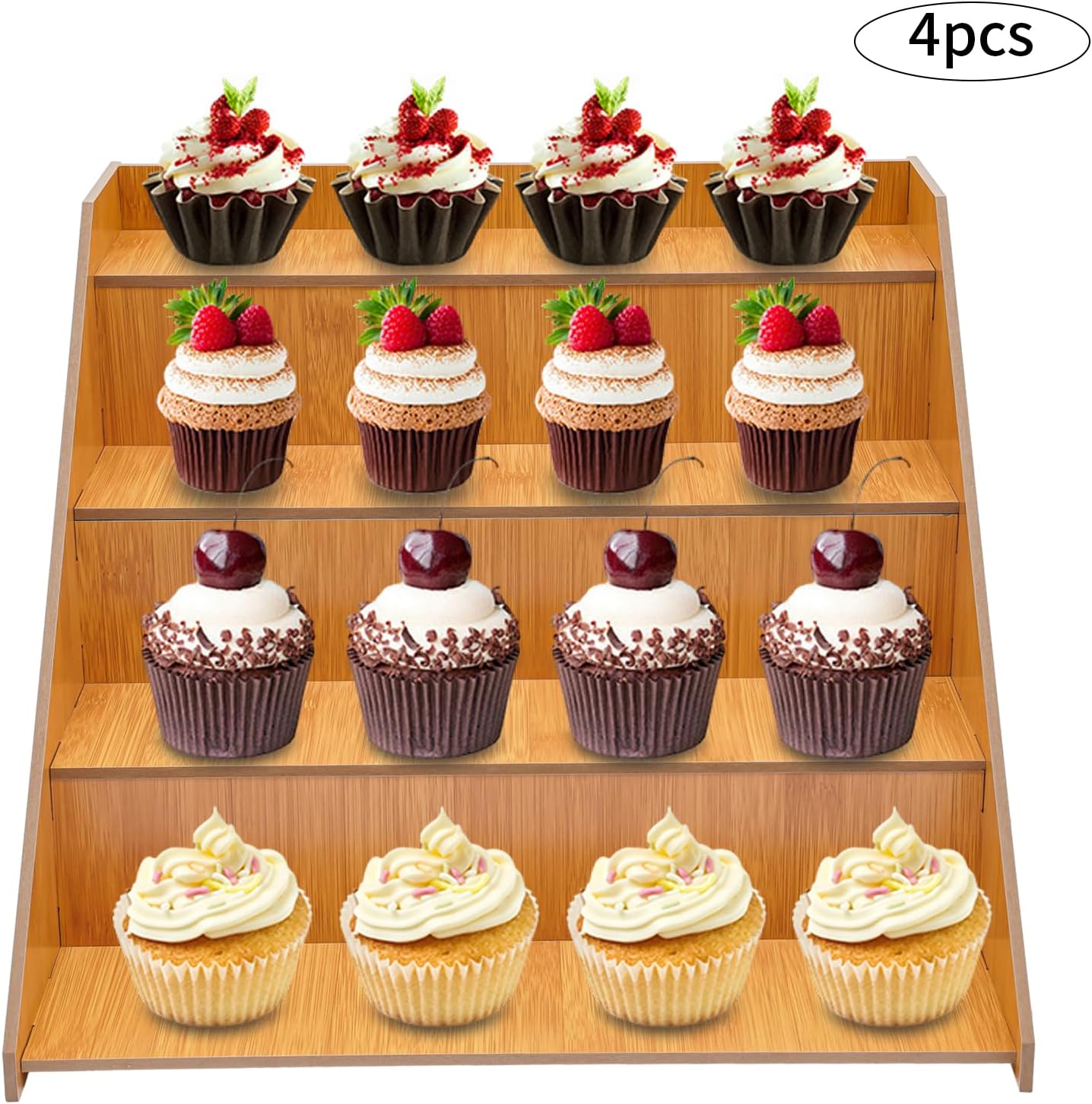 4 Pcs 4-Tier Retail Display Rack Farmhouse Retail Display Stands Staged Tabletop Display Rack Cupcake Dessert Stand Holder Step Storage Organizer Shelf for Shop Store, Wood Color