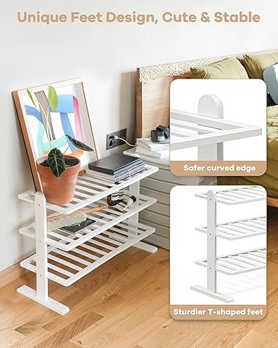 Miniatura 4 de Zapatero blanco, organizador de zapatos de bambú de 3 niveles para armario y entrada, estante de zapatos de madera gruesa para espacios pequeños,