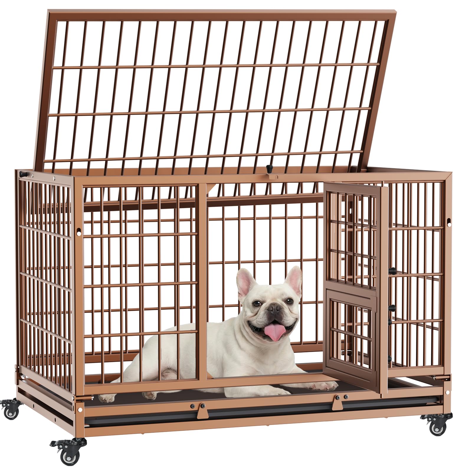 Gardner Pet Cage pour Chien Moyens Lourd Taille L 82.3x51.5x56cm Brun | Structure Renforcée Anti-Évasion avec Plateau, 3 Portes Amovibles, Roulettes Verrouillables, Niche Extensible Modulable