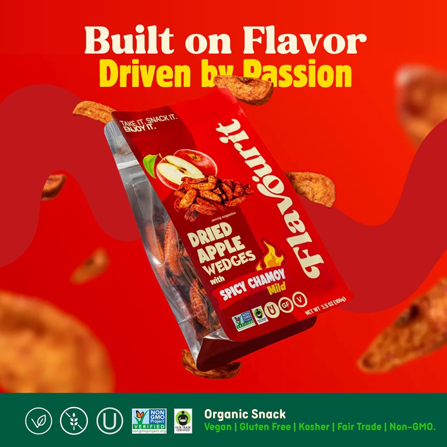 FLAVOURIT | Dried Apple Wedges with Chamoy Sauce | Fruit Snacks | Made In Mèxico | Healthy Snack | Organic | Vegan | Non-GMO | Kosher | Gluten-Free | Fair Trade | Pack of 8 Bags (8oz (226g ) | Mango | Apple | Pineapple | Jackfruit and Banana | dehydrated's fruits snacks | 100% natural healthy snack