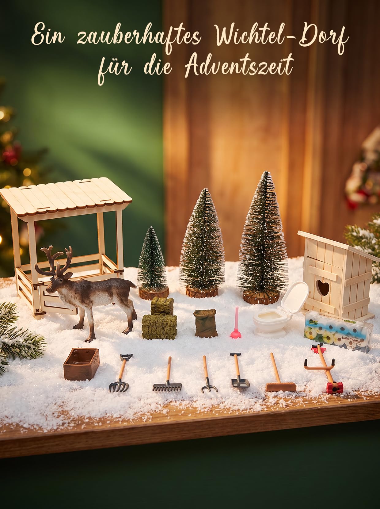Juego de 20 accesorios en miniatura para puerta de amigo invisible, con establo de renos, inodoro de amigo invisible, abetos y nieve artificial, listo para escena navideña, apto para cualquier puerta