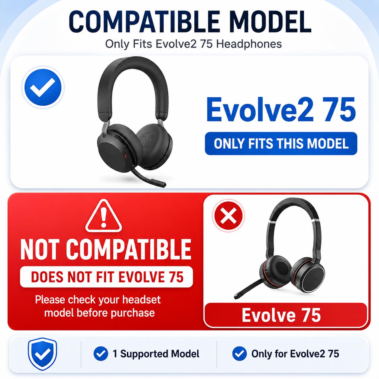 Almohadillas de repuesto para auriculares inalámbricos Jabra Evolve2 75 (no compatibles con Evolve 75), cubierta de orejeras, piel suave y almohadillas de espuma viscoelástica, color negro