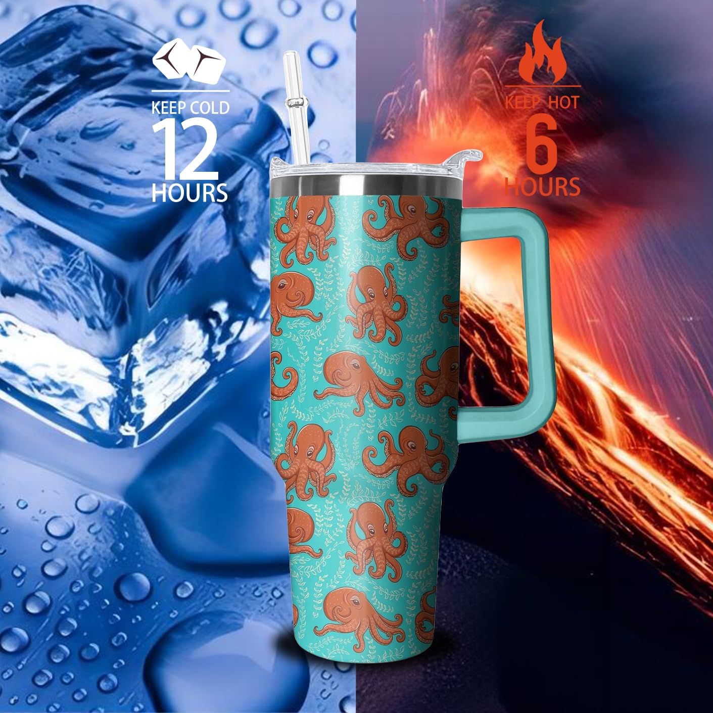 40oz Cute Octopus Tumbler with Handle and Straw, Animal Lovers Gifts for Women Men, Sea Ocean Stainless Steel Travel Mug Water Bottle, Vacuum Insulated Cup with Lid - Image 4