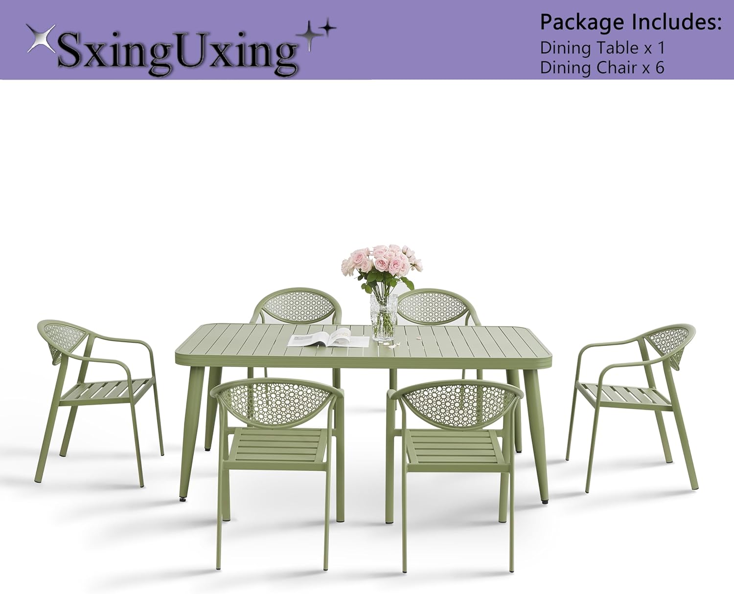 Outdoor 7 Piece Patio Dining Sets,Rust-Proof Patio Table and Chairs，Outdoor Aluminum Furniture Set for 6,for Deck Garden Lawn Backyard Poolside. (7PCS—L71“ Table— Aluminum Set Chair)