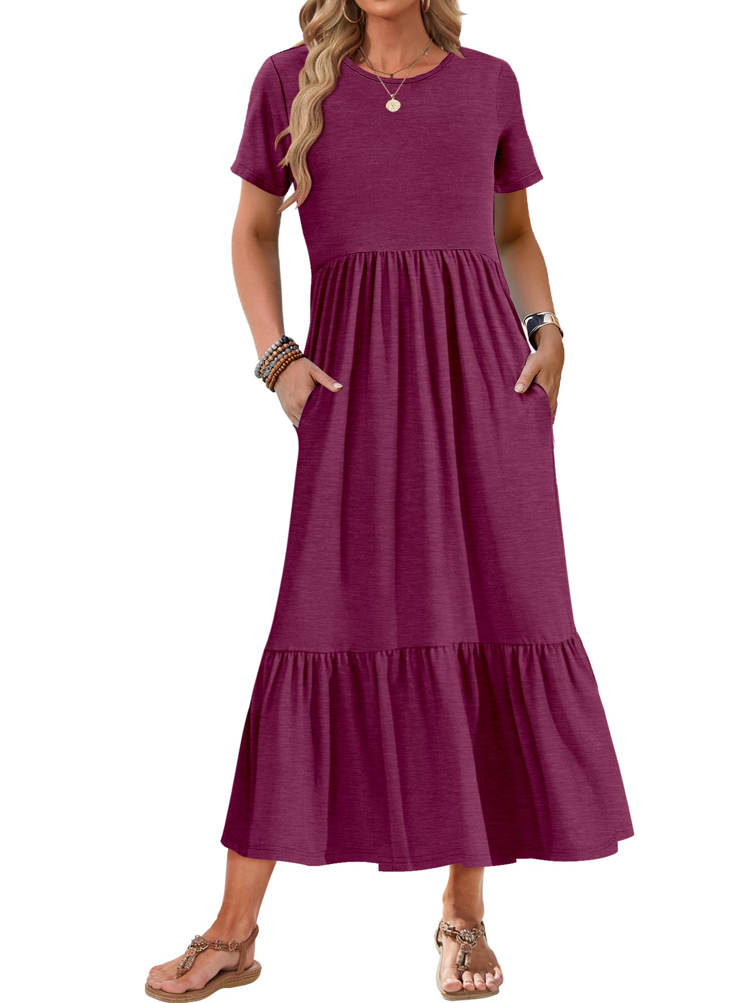 AUSELILY Womens Summer Dresses 2025 Short Sleeve Maxi Dress Crewneck Casual Sundresses with Pockets