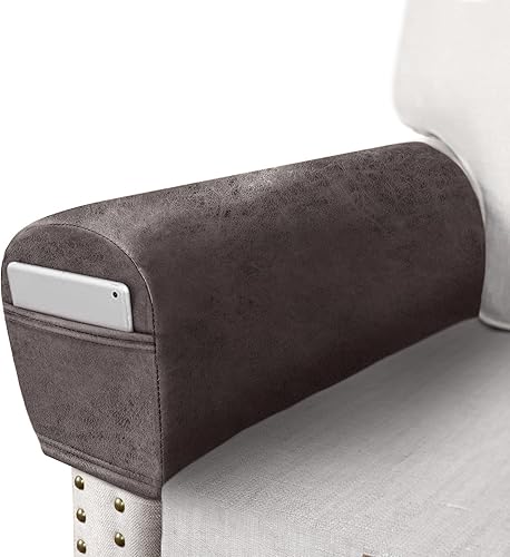 Miniatura 12 de Juego de 2 Fundas para Reposabrazos de Sofá con Aspecto de Cuero, Protectores de Brazos para Sofá y Silla, Fundas Elásticas para Sillón