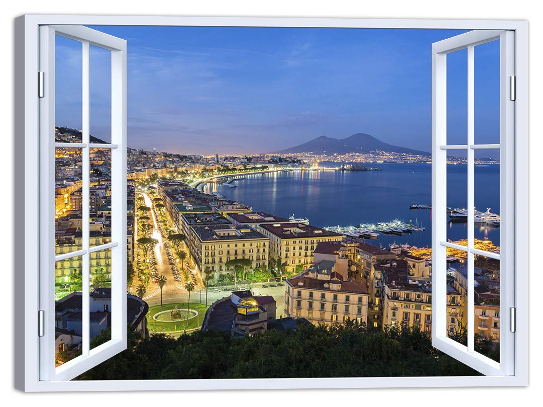 LuxHomeDecor Quadro finestra su napoli vesuvio 100x75 cm Stampa su Tela con Telaio in Legno Arredamento Arte Arredo Moderno