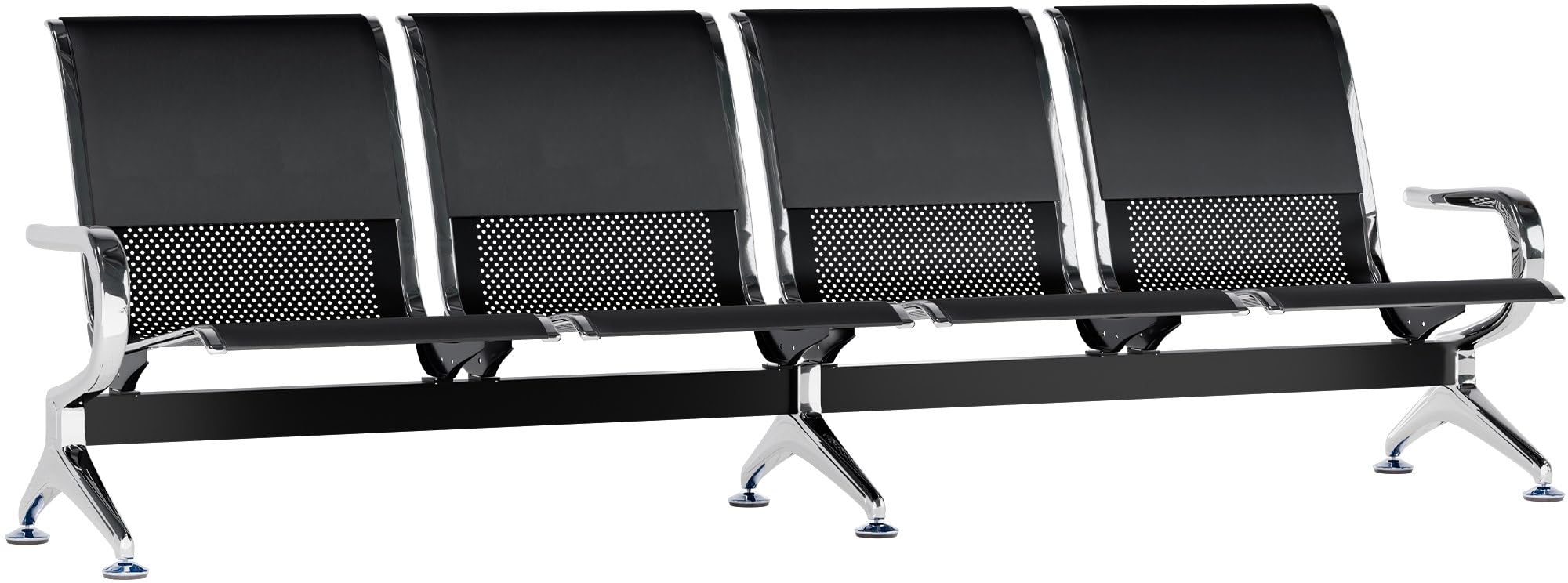 CLP Panca d'attesa per aeroporti con Rivestimento in Similpelle, Panca con Struttura in Metallo in Look Cromato, robuste sedie d'attesa, Colore:Nero/Nero, Dimensione:4 posti