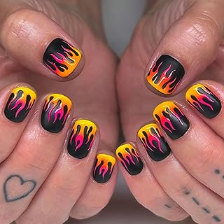 Black Press on Nails Short Square Fake Nails with Designs Fire Stick on Nail French Acrylic False Nail Gradient Artificial Nail Glossy Full Cover Glue on Nails for Women 24Pcs