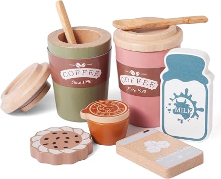 Kids Coffee Playset, Wooden Montessori Toy Play Kitchen Accessories with Coffee Cups, Espresso & Milk, Toddler Pretend Play Coffee Toy Kitchen Set Boys and Girls Birthday Gift