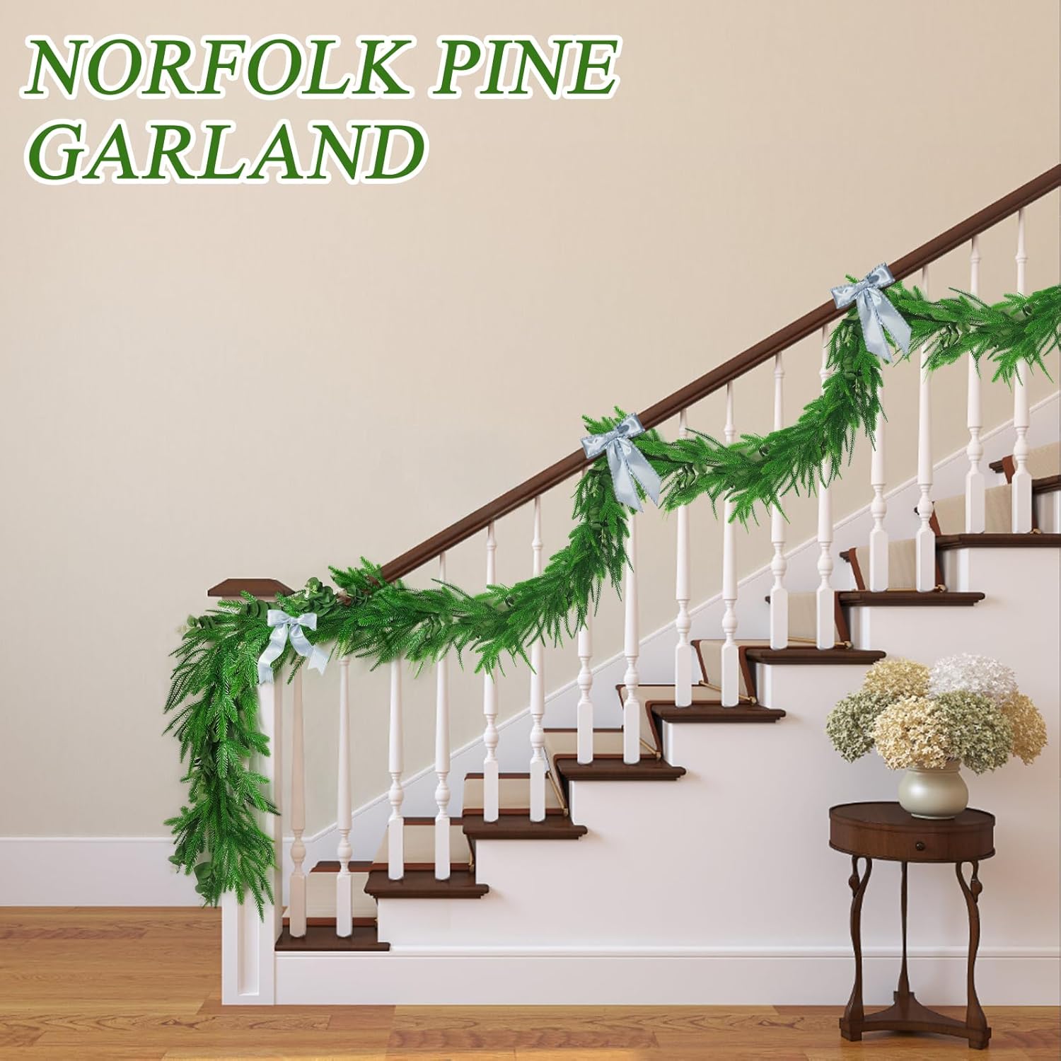 Norfolk Pine Eucalyptus Garlands with Light String, 6Ft Artificial Soft Christmas Pine Garland, Real Touch Greenery Garland for Table, Mantle, Staires, Premium Indoor/Outdoor Christmas Decorations. - Image 6