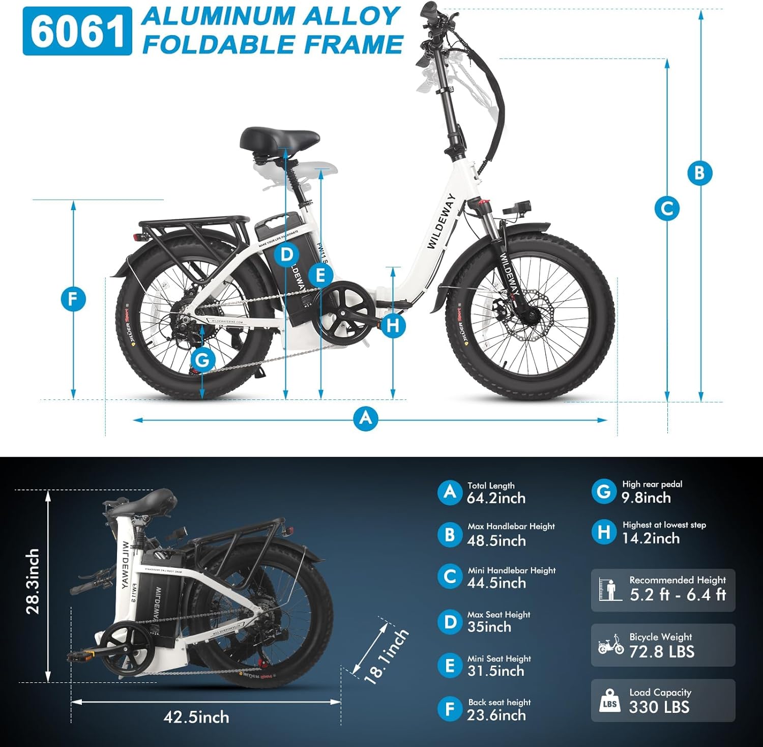 Wildeway Folding Electric Bike for Adults with 750W Motor 32Ah Battery Long Range FW11 Ebike 20 * 3.0 Fat Tire Foldable Adults Electric Bicycle for Men Women City Commuter Delivery 2 Seat