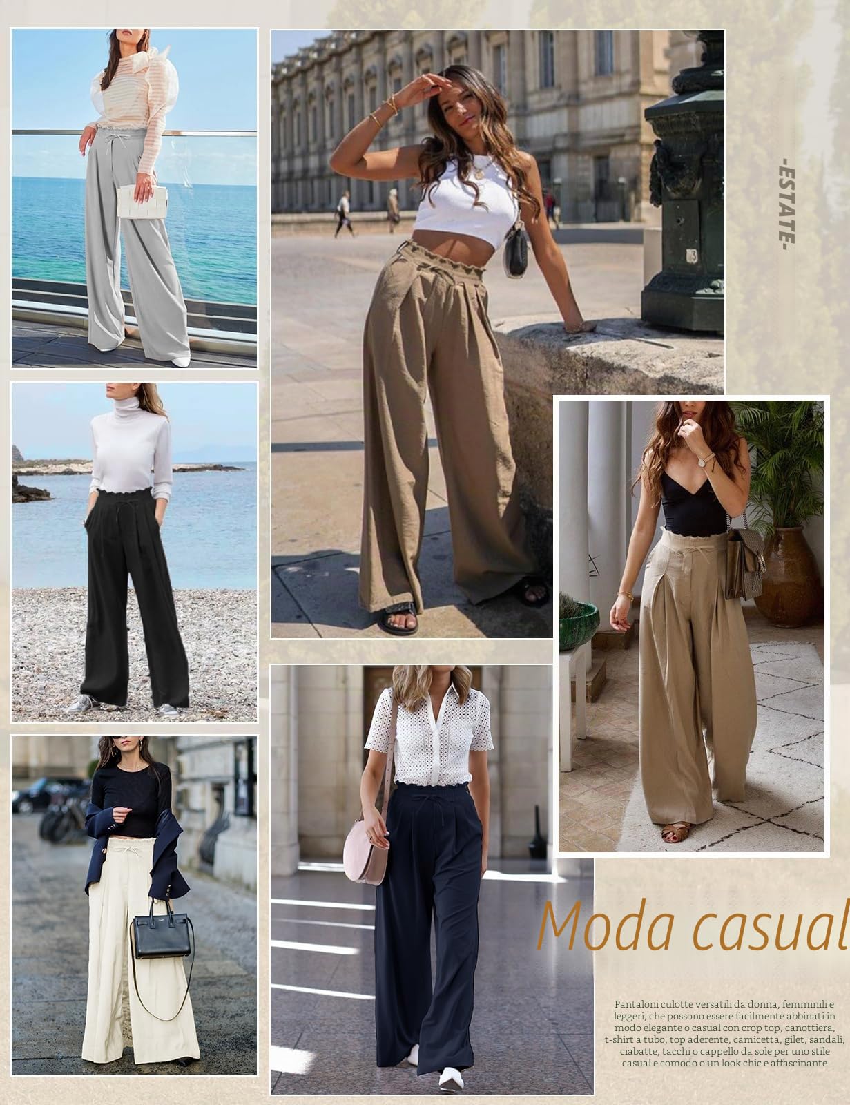 Voqeen Pantaloni da Donna Estivi a Vita Alta Casual a Gamba Larga con Tasca a Coulisse per Il Tempo Libero, Il Lavoro e L'Ufficio
