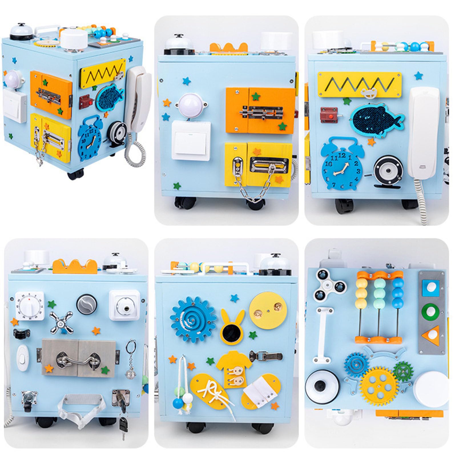 Tavola attività Montessori Busy Cube, Giocattolo Sensoriale in Legno per Bambini, Scatola Busy Multifunzionale,Blu