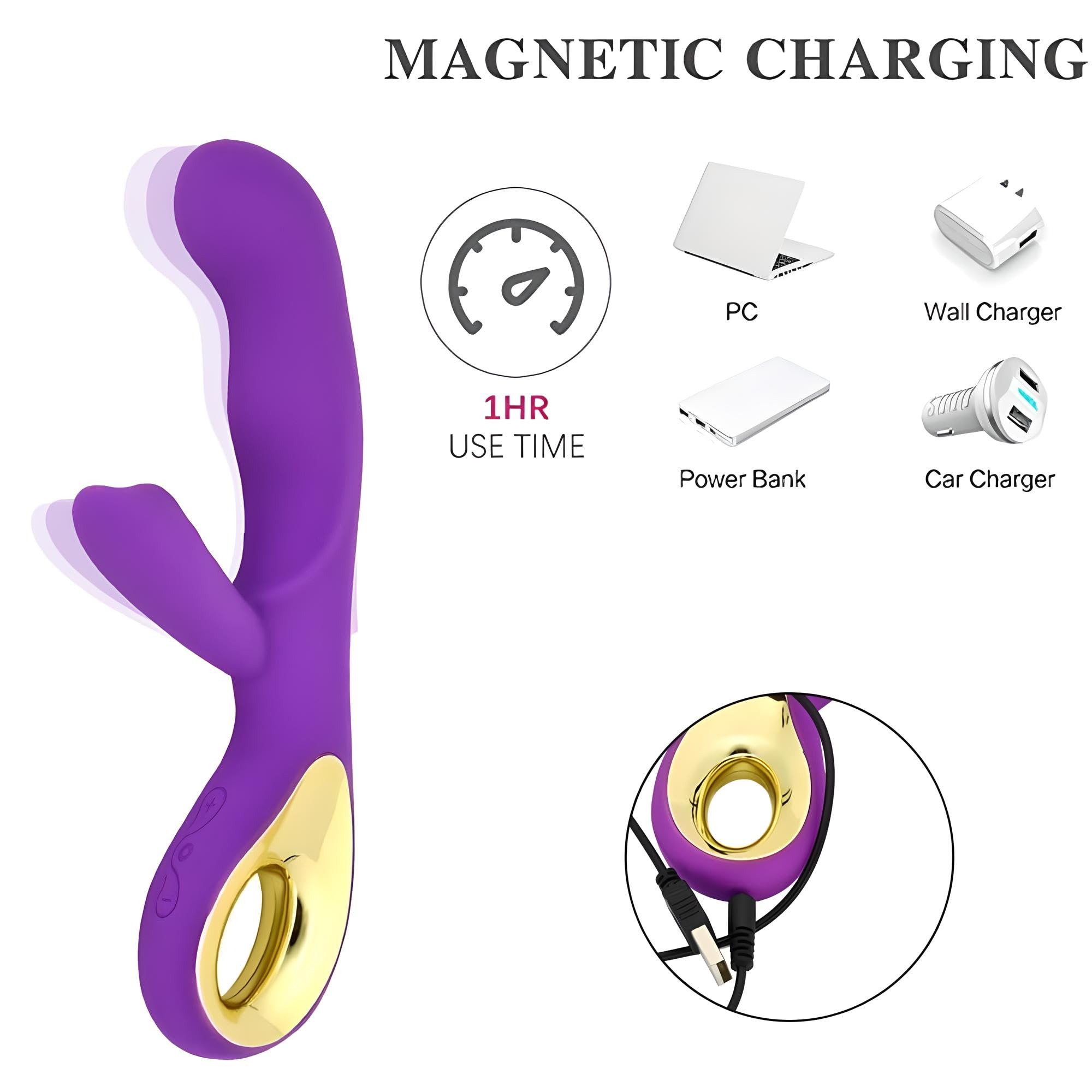 Vibratore Rabbit Vibe Master Dual in Silicone Viola con Impugnatura Dorata, 10 Vibrazioni Magnetiche e Doppio Motore per Stimolazione Clitoridea e Punto G – Ricaricabile e Waterproof