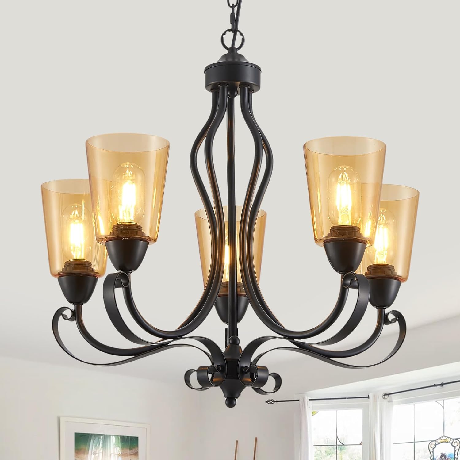 Kitchen Chandeliers Over Table 24" Modern Farmhouse Chandelier Black 5-Light Amber Glass Candle Pendant Lighting Fixture Vintage Ceiling Light for Living Room Dining Room Bedroom Foyer